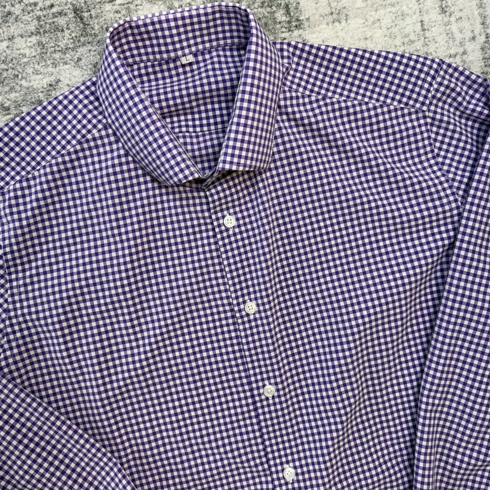 State & Liberty Shirt Mens Large Purple Gingham Check Athletic Fit Stretch Dress